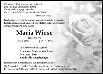 Traueranzeige von Maria Wiese von vrm-trauer