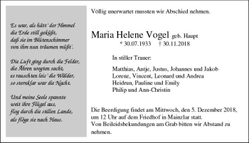 Traueranzeige von Maria Helene Vogel von  Gießener Anzeiger
