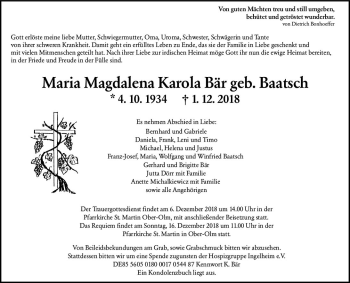 Traueranzeige von Maria Magdalena Karola Bär von vrm-trauer