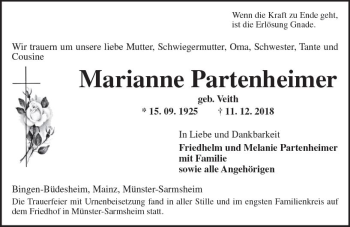 Traueranzeige von Marianne Partenheimer von vrm-trauer
