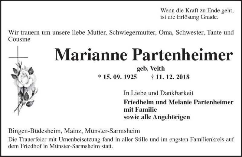  Traueranzeige für Marianne Partenheimer vom 29.12.2018 aus vrm-trauer