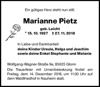 Traueranzeige von Marianne Pietz von vrm-trauer