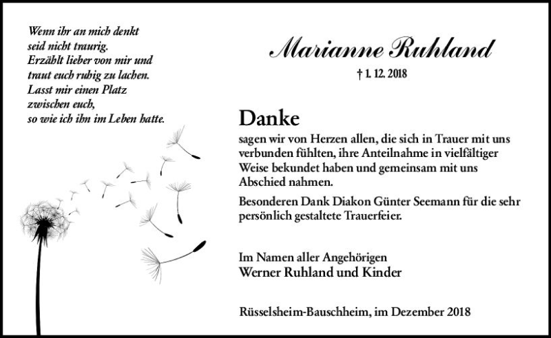  Traueranzeige für Marianne Ruhland vom 29.12.2018 aus vrm-trauer
