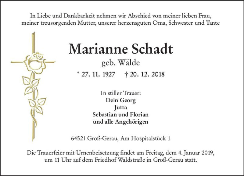  Traueranzeige für Marianne Schadt vom 29.12.2018 aus vrm-trauer
