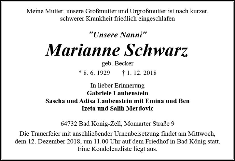  Traueranzeige für Marianne Schwarz vom 08.12.2018 aus vrm-trauer