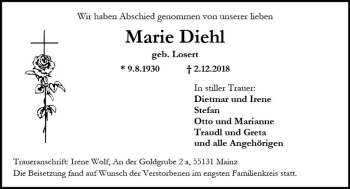 Traueranzeige von Marie Diehl von vrm-trauer