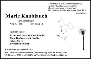 Traueranzeige von Marie Knoblauch von vrm-trauer