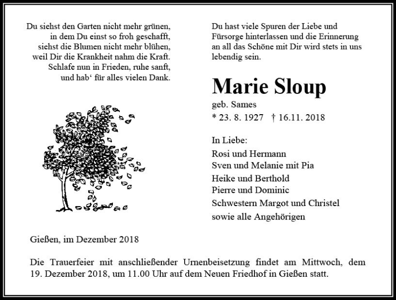  Traueranzeige für Marie Sloup vom 01.12.2018 aus  Gießener Anzeiger