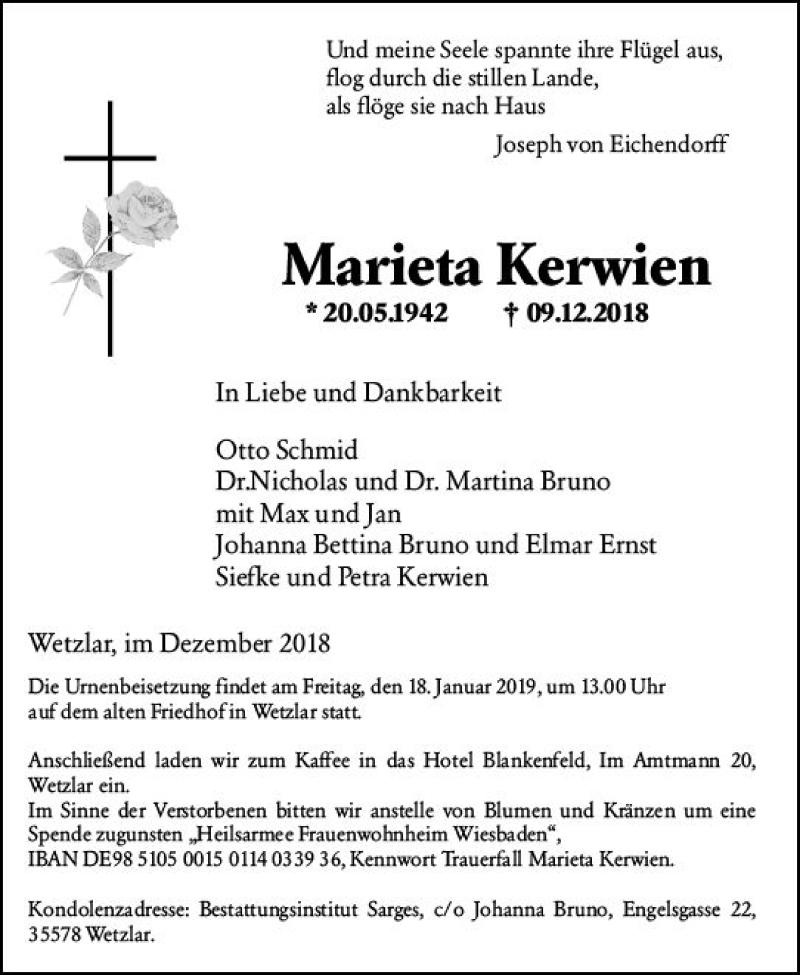  Traueranzeige für Marieta Kerwien vom 19.12.2018 aus vrm-trauer
