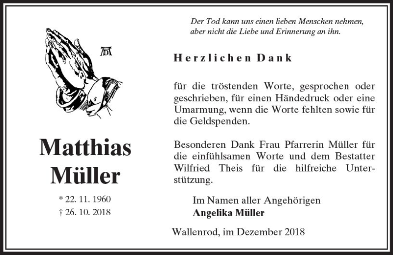  Traueranzeige für Matthias Müller vom 01.12.2018 aus VRM Trauer