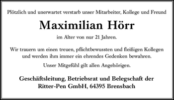 Traueranzeige von Maximilian Hörr von vrm-trauer