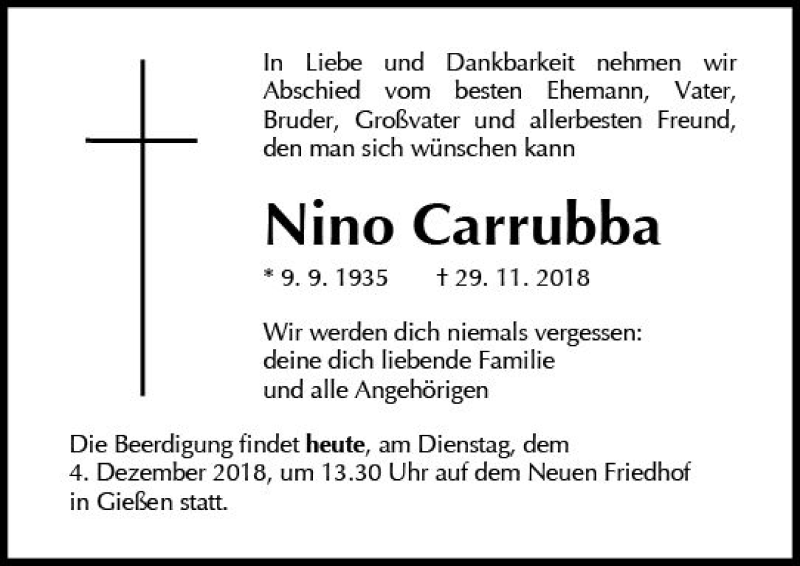  Traueranzeige für Nino Carrubba vom 04.12.2018 aus  Gießener Anzeiger