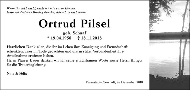  Traueranzeige für Ortrud Pilsel vom 15.12.2018 aus vrm-trauer