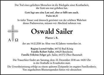 Traueranzeige von Oswald Sailer von vrm-trauer
