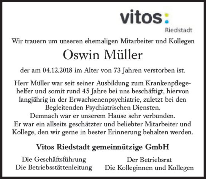  Traueranzeige für Oswin Müller vom 07.12.2018 aus vrm-trauer