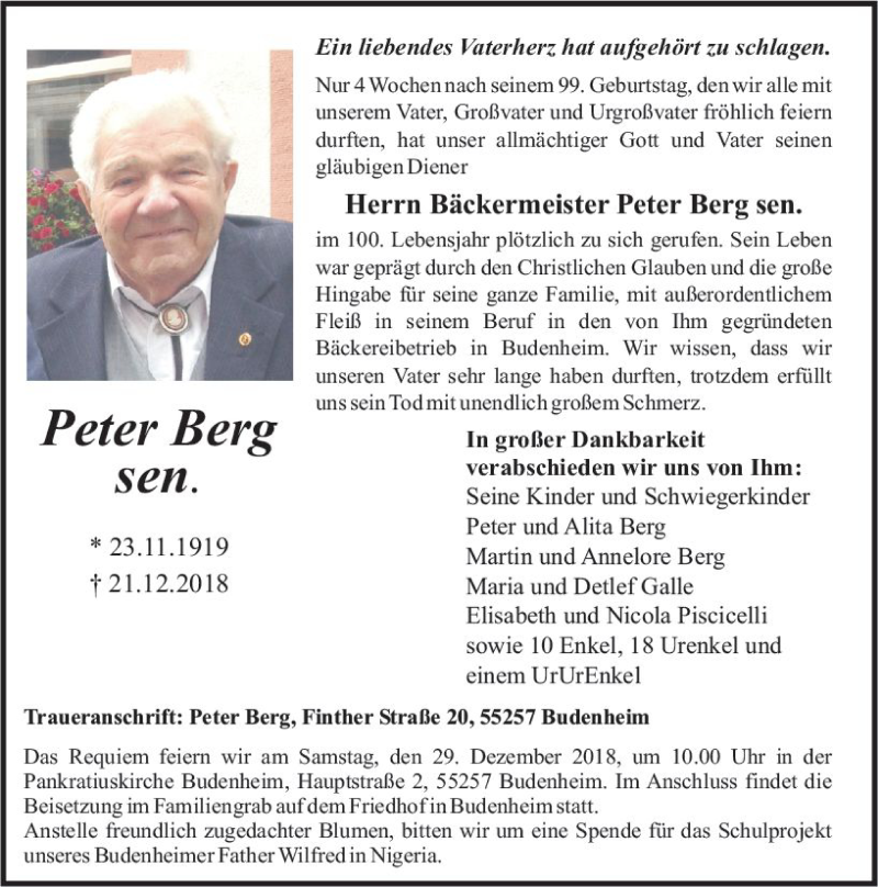  Traueranzeige für Peter Berg vom 24.12.2018 aus vrm-trauer