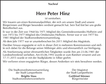 Traueranzeige von Peter Hinz von vrm-trauer