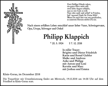 Traueranzeige von Philipp Klappich von vrm-trauer