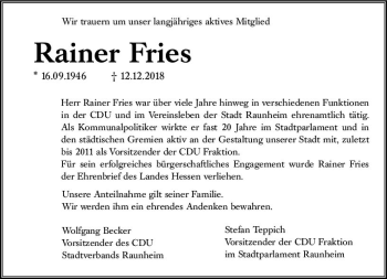 Traueranzeige von Rainer Fries von vrm-trauer