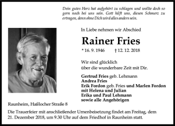 Traueranzeige von Rainer Fries von vrm-trauer