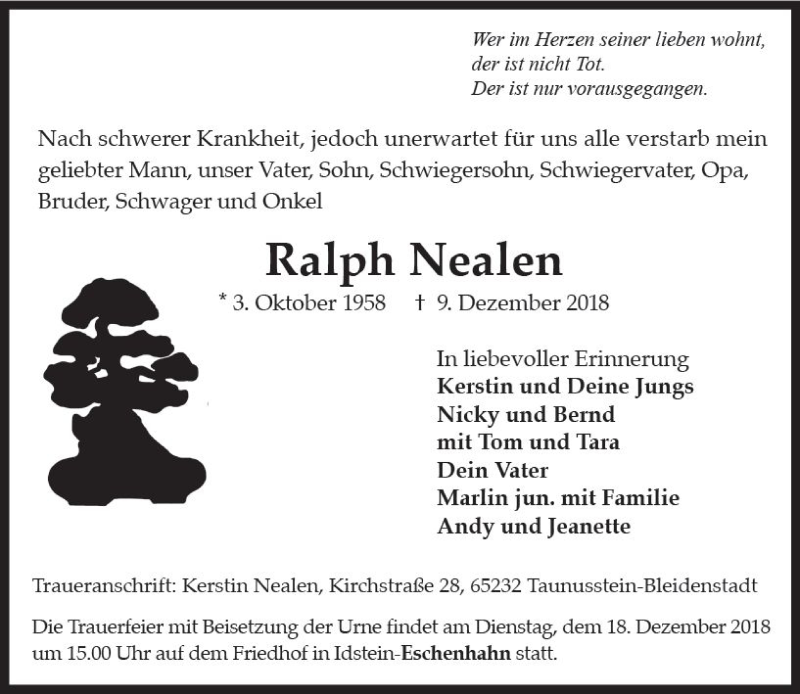  Traueranzeige für Ralph Nealen vom 15.12.2018 aus vrm-trauer