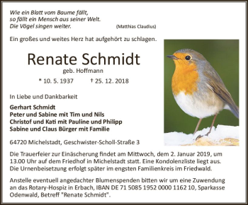 Traueranzeige von Renate Schmidt von vrm-trauer