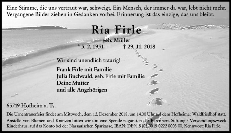  Traueranzeige für Ria Firle vom 07.12.2018 aus vrm-trauer