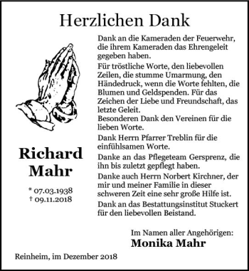 Traueranzeige von Richard Mahr von vrm-trauer