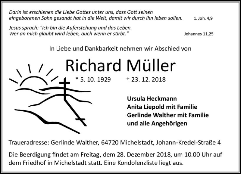  Traueranzeige für Richard Müller vom 27.12.2018 aus vrm-trauer