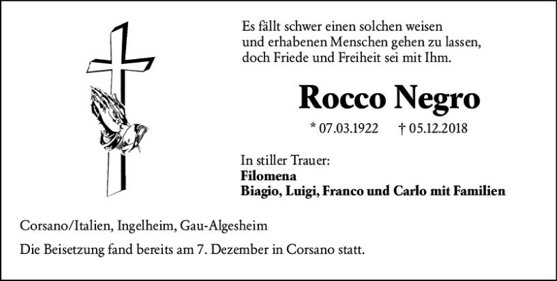  Traueranzeige für Rocco Negro vom 15.12.2018 aus vrm-trauer