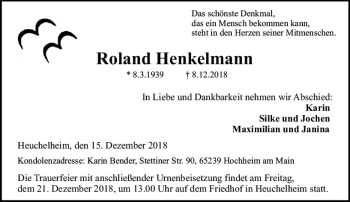 Traueranzeige von Roland Henkelmann von  Gießener Anzeiger