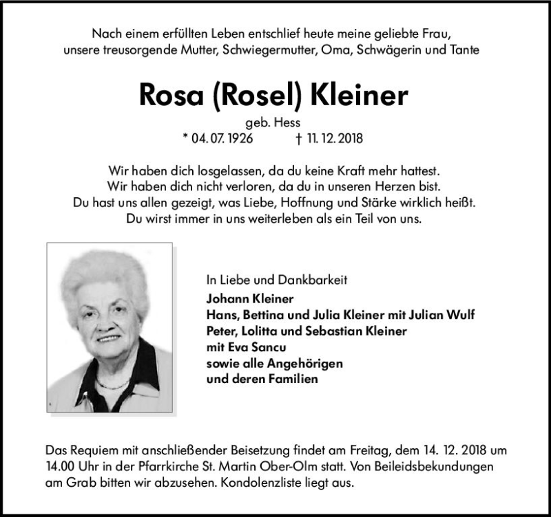  Traueranzeige für Rosa Kleiner vom 13.12.2018 aus vrm-trauer