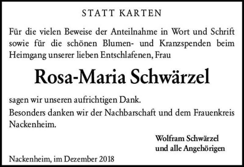  Traueranzeige für Rosa-Maria Schwärzel vom 08.12.2018 aus vrm-trauer
