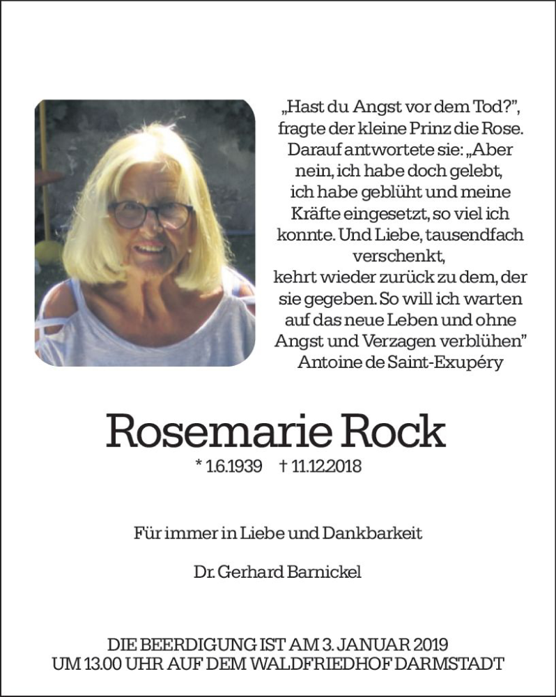  Traueranzeige für Rosemarie Rock vom 19.12.2018 aus vrm-trauer