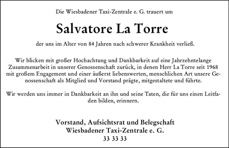  Traueranzeige für Salvatore  La Torre vom 08.12.2018 aus vrm-trauer