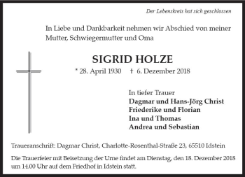 Traueranzeige von Sigrid Holze von vrm-trauer