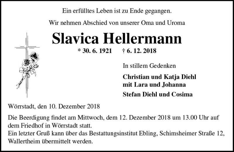  Traueranzeige für Slavica Hellermann vom 10.12.2018 aus vrm-trauer