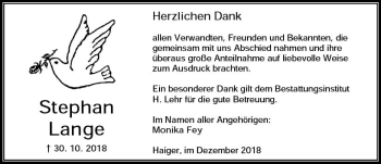 Traueranzeige von Stephan Lange von  Dill Block ()