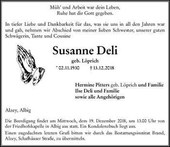 Traueranzeige von Susanne Deli von vrm-trauer