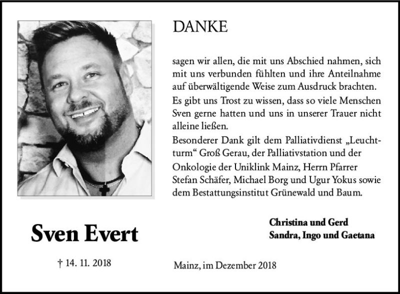  Traueranzeige für Sven Evert vom 15.12.2018 aus vrm-trauer