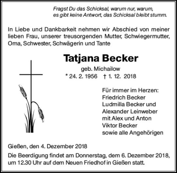 Traueranzeige von Tatjana Becker von  Gießener Anzeiger