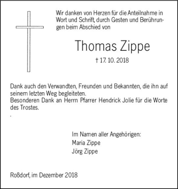 Traueranzeige von Thomas Zippe von vrm-trauer