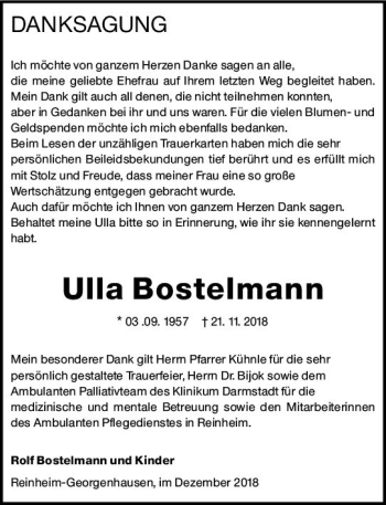 Traueranzeige von Ulla Bostelmann von vrm-trauer
