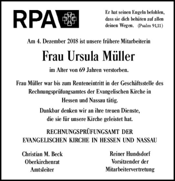Traueranzeige von Ursula Müller von vrm-trauer