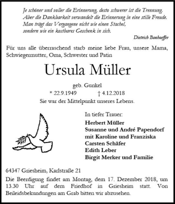 Traueranzeige von Ursula Müller von vrm-trauer