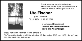 Traueranzeige von Ute Fischer von vrm-trauer