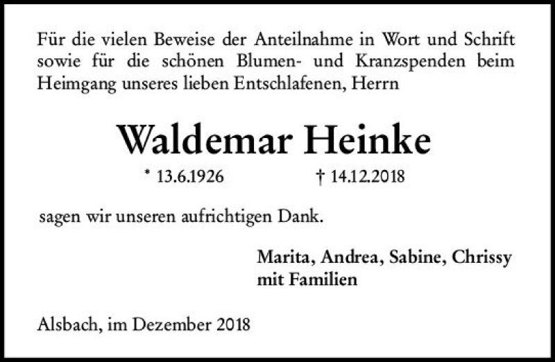  Traueranzeige für Waldemar Heinke vom 29.12.2018 aus vrm-trauer
