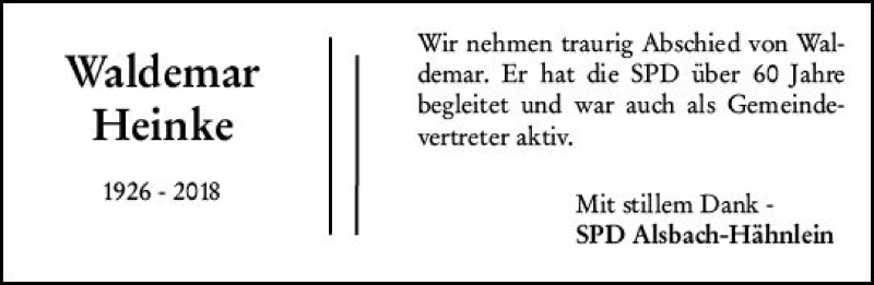  Traueranzeige für Waldemar Heinke vom 20.12.2018 aus vrm-trauer