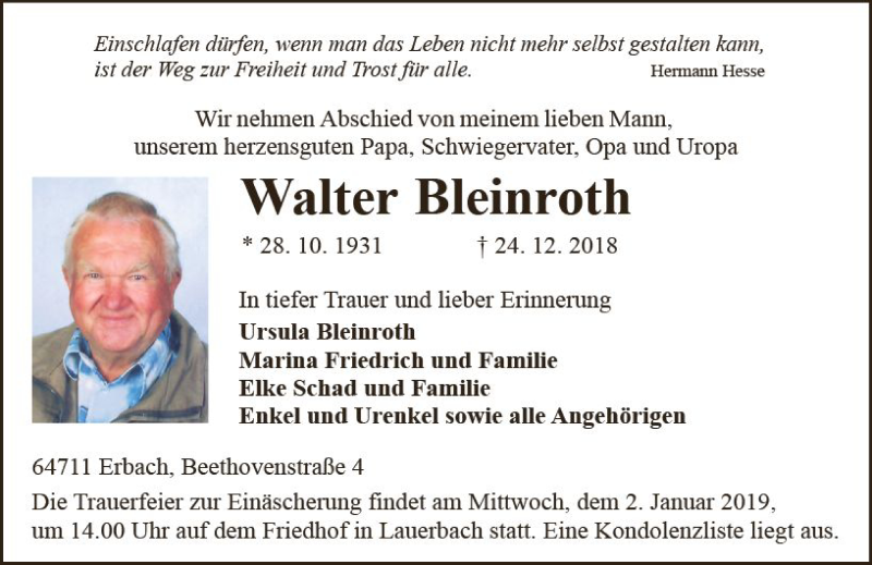  Traueranzeige für Walter Bleinroth vom 29.12.2018 aus vrm-trauer