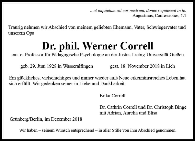  Traueranzeige für Werner Correll vom 01.12.2018 aus  Gießener Anzeiger